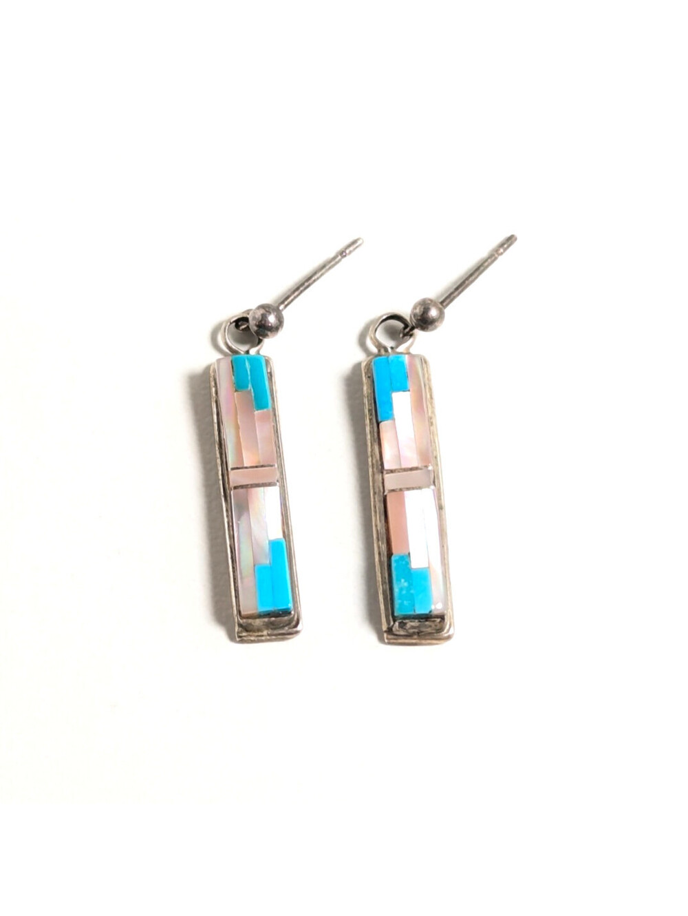 Classic Sterling Silver 925 Blue Pink Inlay Bar Drop Fashion Earrings 3.27g
